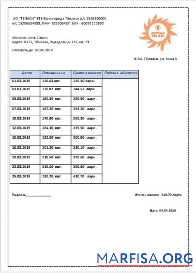 Blank Georgia Telasi utility bill template